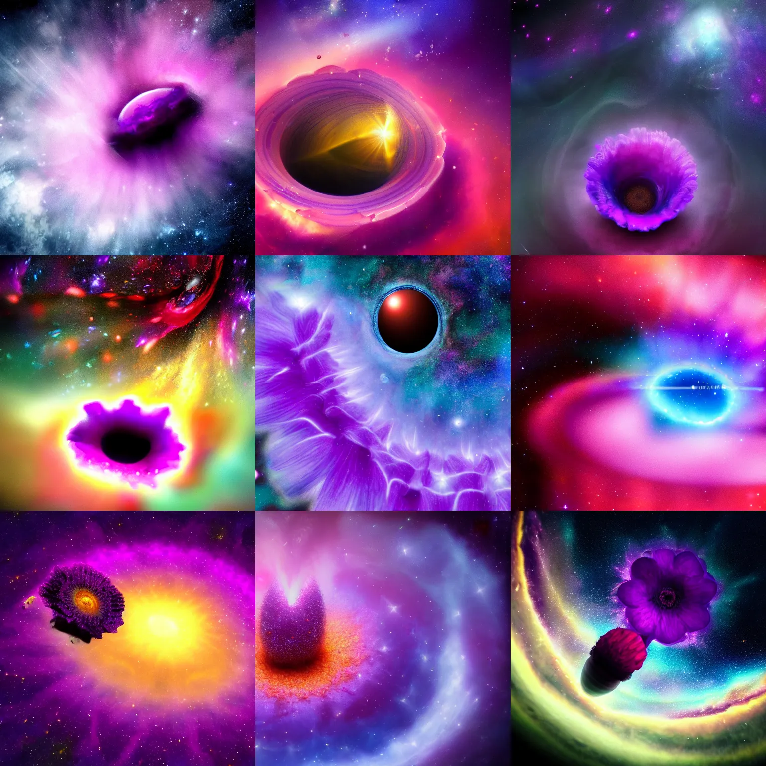 Prompt: a beautiful colorful photograph of a purple flower getting sucked into the black hole, 4k, breathtaking stars, space background, surrealism, concept art, Trending onartstation