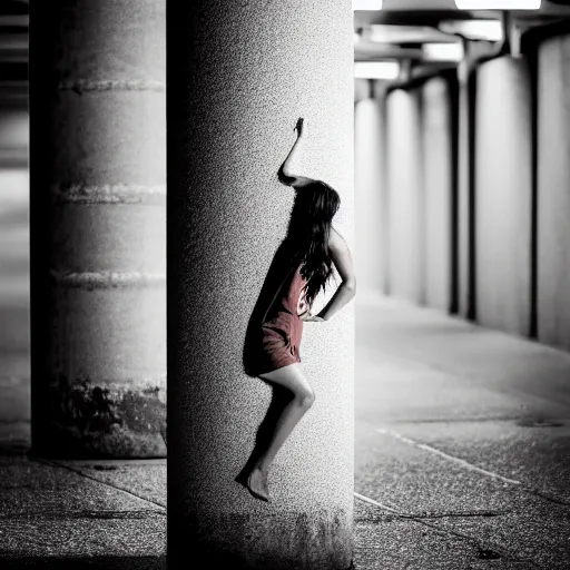 Image similar to photograph of a woman hiding behind a cement pillar, in an underground liminal space, sigma 85mm f/1.4, 4k, depth of field, high resolution, 4k, 8k, hd, full color