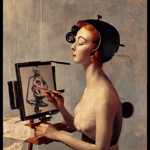 Image similar to robot artist painting a self - portrait on a canvas. intricate, highly detailed, digital matte painting, in the style of alexandros pyromallis, and in the style of hans thoma, and in the style of gil elvgren. irony, recursion, inspiration.