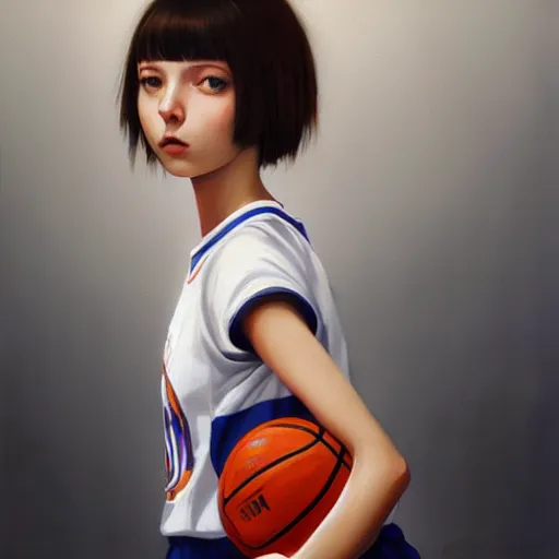 Image similar to A ultradetailed beautiful panting of a stylish girl wearing a basketball jersey, she is holding a basketball, Oil painting, by Ilya Kuvshinov, Greg Rutkowski and Makoto Shinkai