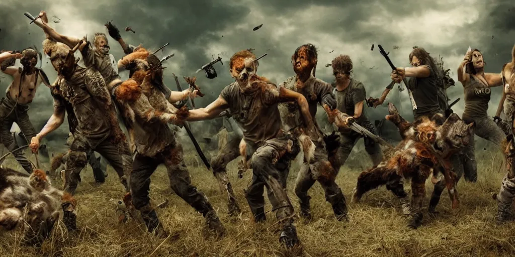 Image similar to epic battle scene kittens versus zombies, post apocalyptic, animals last stand, post human, Epic Background, highly detailed, sharp focus, 8k, 35mm, cinematic lighting