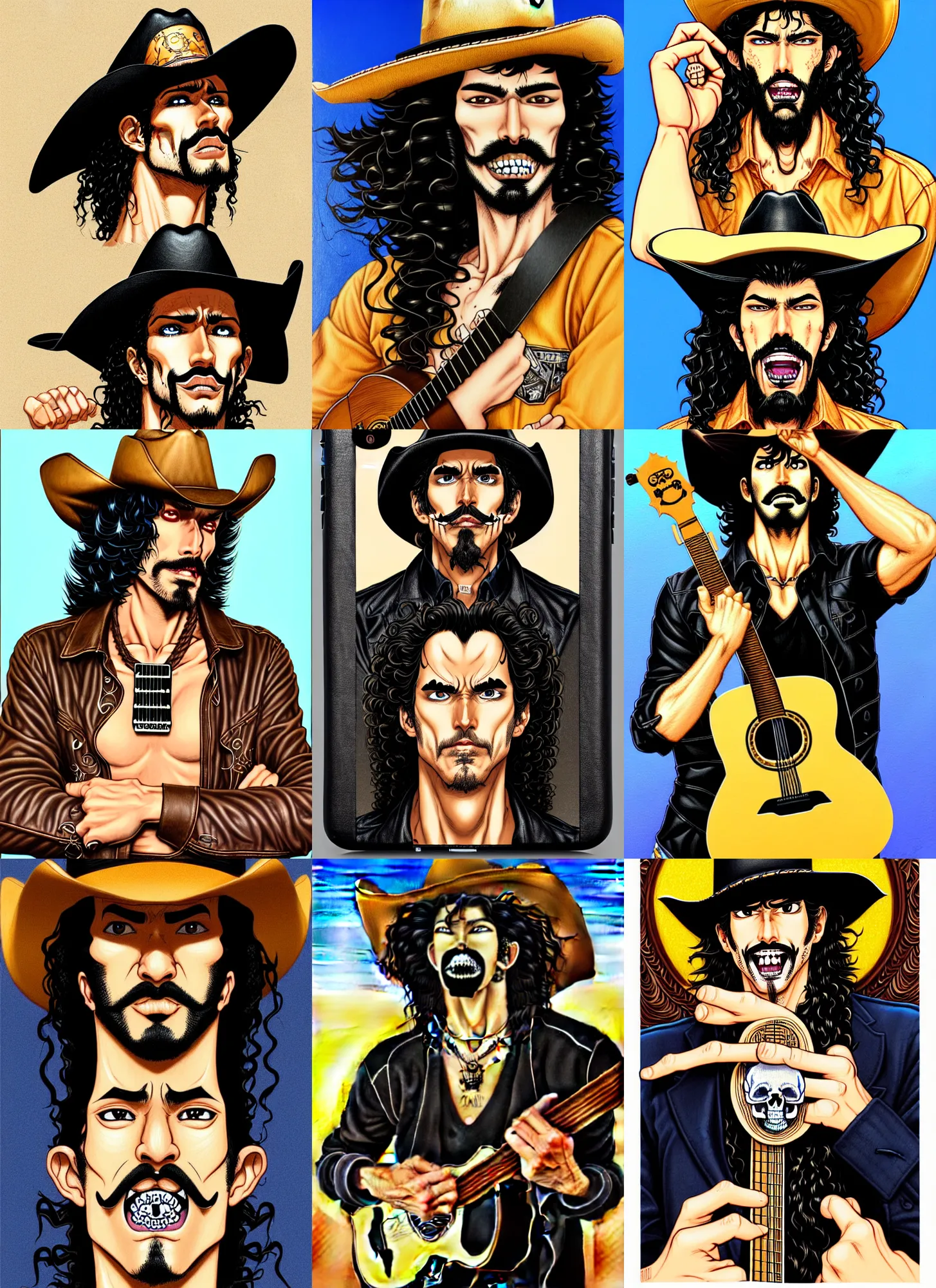 Prompt: illustration of a handsome!! man with long black curly hair + tan skin + anchor goatee, guitar in black leather case | wearing a cowboy hat with a skull emblem | art by hirohiko araki & jean giraud & artgerm & jack kirby | artstation, character design, concept art, full body, digital painting | intricate, high detail, smooth, sharp focus