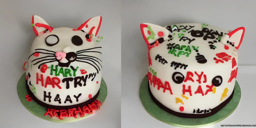 Prompt: There is a cat pattern on the birthday cake, whose left eye is blue, the right eye is red, and the ear is green. And which says 'Aza, 818 happy birthday!'