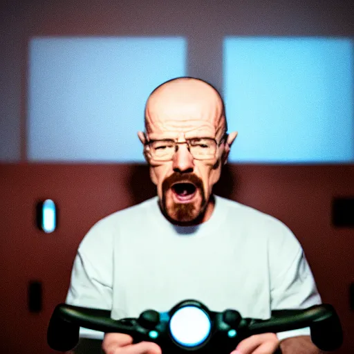 Prompt: dslr photo of walter white as a twitch streamer, playing video games, room lit with leds. he is screaming at the screen. realism, sharp focus, volumetric lighting