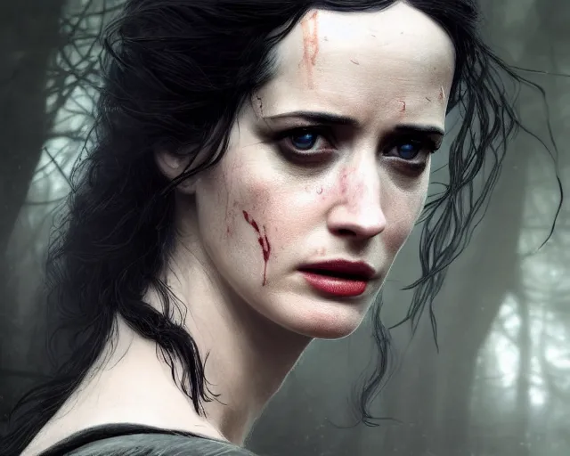 Image similar to 5 5 mm portrait photo of a real life tough looking battle hardened eva green as ciri with a thin face and a large scar across her left cheek, in a magical forest. dark atmosphere. art by greg rutkowski. highly detailed 8 k. intricate. lifelike. soft light. nikon d 8 5 0.