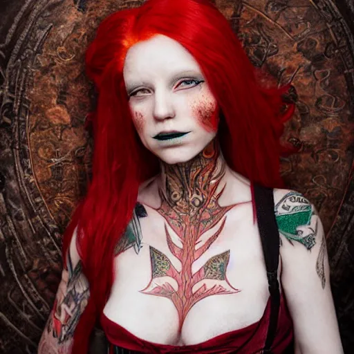 Prompt: A detailed portrait of wizard elf with red hairs and tattoos by Peter Kemp and Monia Merlo