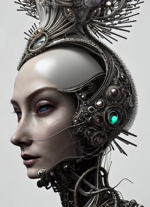 Image similar to portrait of an absurdly beautiful, graceful, sophisticated, fashionable cyberpunk mechanoid, hyperdetailed illustration by irakli nadar and vania zouravliov, matt wisniewski style, intricate linework, white porcelain skin, faberge headdress, agate spikes, unreal engine 5 highly rendered, global illumination, radiant light, detailed and intricate environment