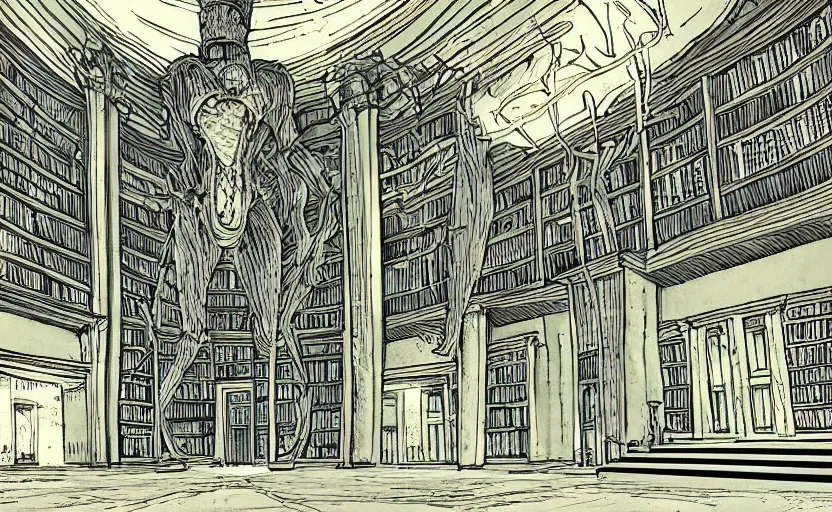 Prompt: a gigantic monster stands in a library. art in the style of house of the dead ps 1 game. lonely, liminal.