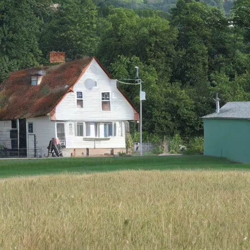 Prompt: An uncanny house in the background, in a flat green grass platform, depressing.