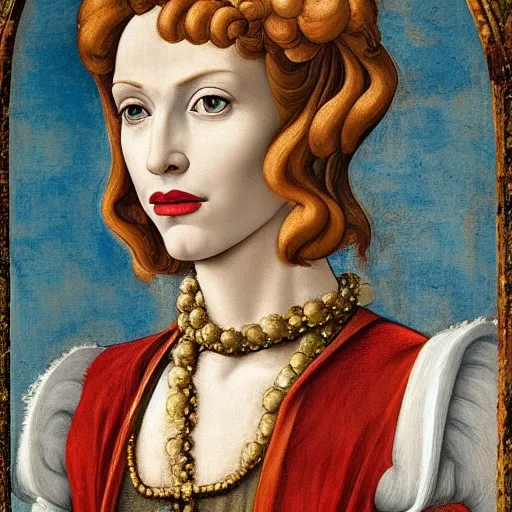 Prompt: stunning renaissance fresco of Patsy Stone, masterpiece, artstation, by Sandro Botticelli, by Sofonisba Anguissola