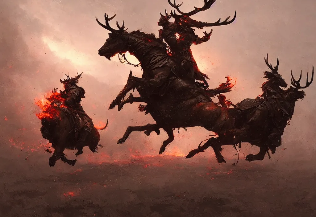 Image similar to a knight riding a burning stag, artstation, jakub rozalski, high detail, dramatic lighting