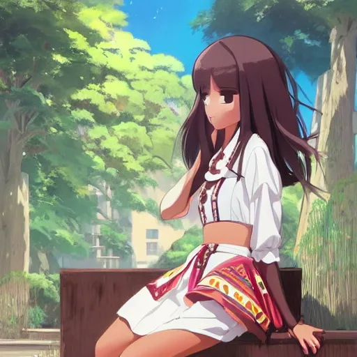 Image similar to a beautiful women instagram model, brown skin, wearing elegant catholic school girl designer fashion with mayan pattern and native style, aztec street fashion, gapmoe yandere grimdark, trending on pixiv fanbox, painted by greg rutkowski makoto shinkai takashi takeuchi studio ghibli, akihiko yoshida