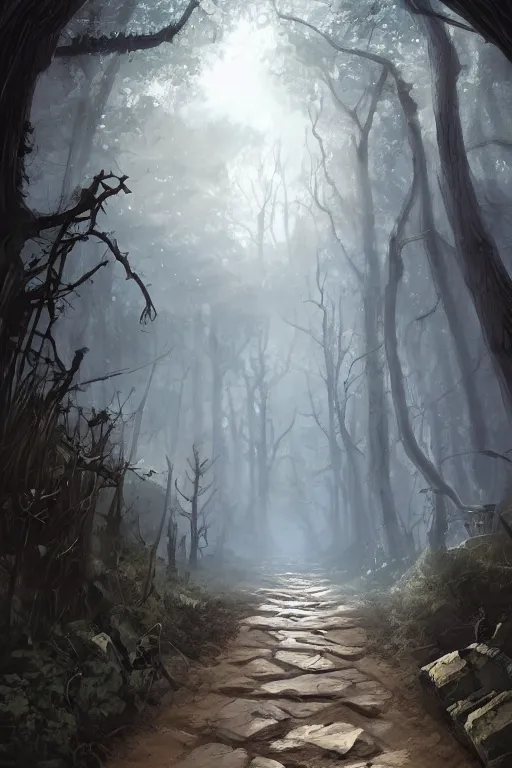 Prompt: sandy path leads to a dungeon in a forest, Artstation