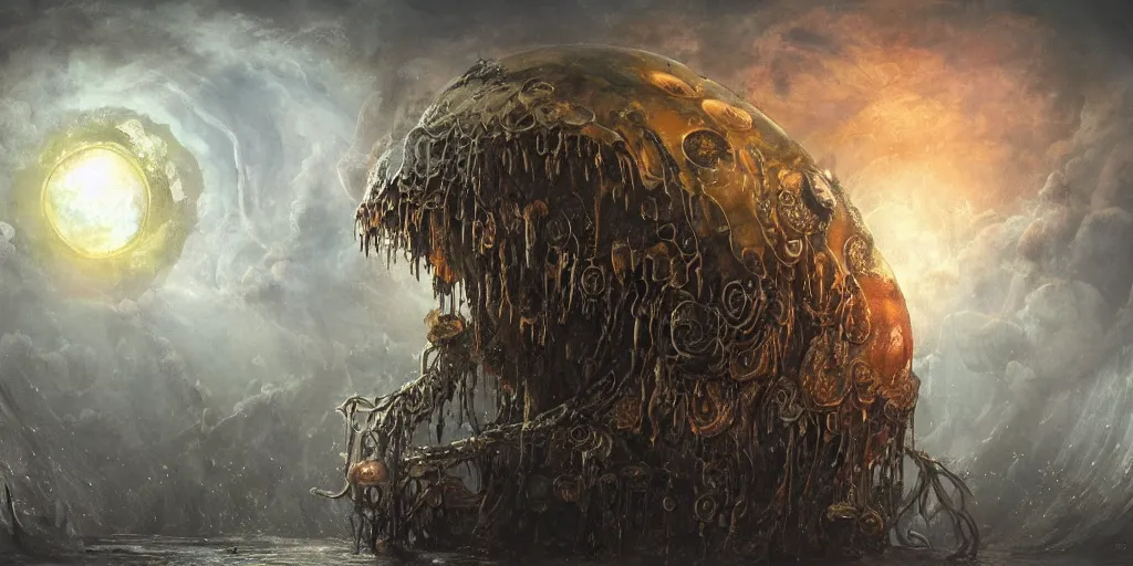 Image similar to concept art of giant translucent glowing jellyfishes, renaissance, divers helmet, lots of teeth, melting horror, round moon, rich clouds, fighting the horrors of the unknown, mirrors, very detailed, volumetric light, mist, grim, fine art, decaying, textured oil over canvas, epic fantasy art, very colorful, ornate, anato finnstark