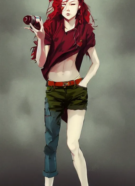 Image similar to full-body shot of an attractive tomboy girl with long, crimson red hair and red eyes, wearing a brown, open jacket and green jeans with a stern look, midriff, concept art, character design, by WLOP, by Ross Draws, by Tomine, by Satoshi Kon, by Rolf Armstrong, by Peter Andrew Jones