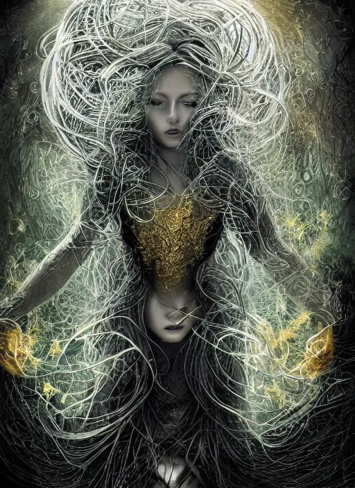 Image similar to glowing silver and golden elements, full close-up portrait, A beautiful dark witch in front of the full big moon, book cover, green forest, red white black colors, establishing shot, extremly high detail, foto realistic, cinematic lighting, pen and ink, intricate line drawings, by Yoshitaka Amano, Ruan Jia, Kentaro Miura, Artgerm, post processed, concept art, artstation, matte painting, style by eddie, raphael lacoste, alex ross