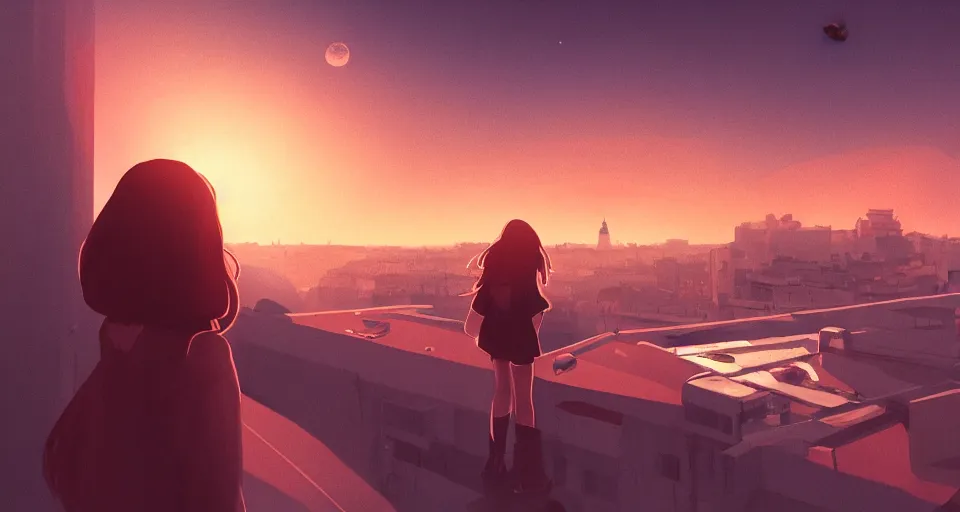 Prompt: Girl on the roof watching the Saturn sunset in the twilight, volumetric lighting, glowing lights, 4k, octane, digital painting, pixiv, by Aenami