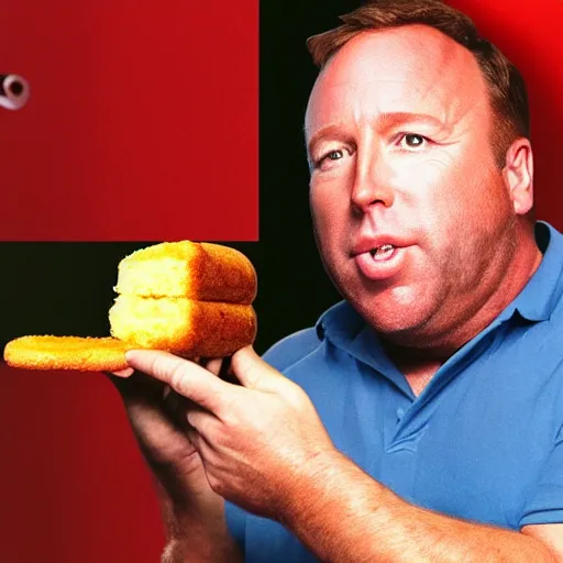 Prompt: alex jones eating a huge twinkie, high definition, color film,