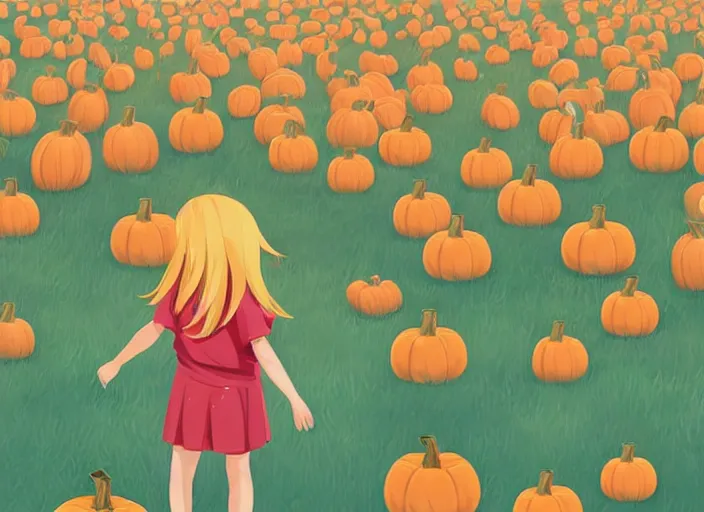 Image similar to little girl with long blonde hair visiting a pumpkin patch. she is facing away from the viewer. clean cel shaded vector art. shutterstock. behance hd by lois van baarle, artgerm, helen huang, by makoto shinkai and ilya kuvshinov, rossdraws, illustration, art by ilya kuvshinov