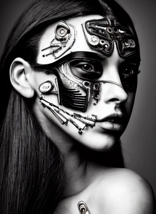 Image similar to a stunning young woman mixed crow mixed cyborg profile face, face is made intricate tribal bio - mechanical, editorial photography, bw, shot on 7 0 mm, depth of field, f / 2. 8, high contrast, 1 6 k, volumetric lighting, shiny, insanely detailed and intricate, hypermaximalist, elegant, ornate, hyper realistic, super detailed