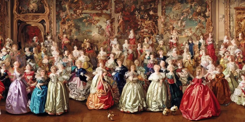 Image similar to Women in baroque dresses, standing in the middle of the room full of toys