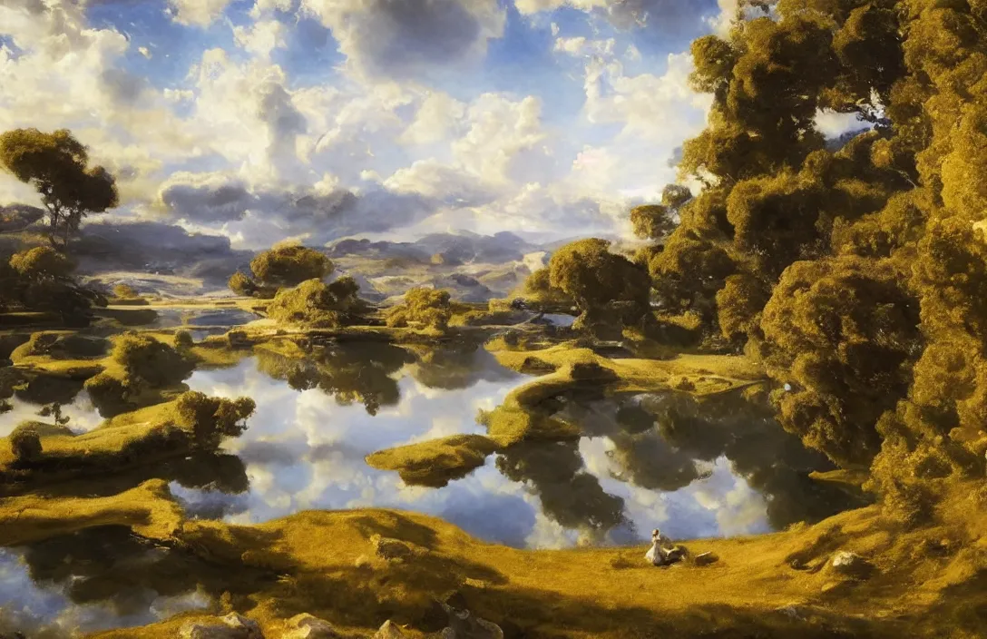 Image similar to a huge landscape with a clear sky in the middle a curvy river and small quiet lake and beautiful, john singer sargent, detailed dreamscape, hyperreal phantastic, intricate details in environment, golden ratio, high aestehtic, cinematic light dramatic light, lightrays, distance, photobash, wideangle, hyperreal 4 k