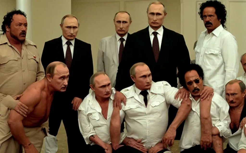 Prompt: horror film human centipede with lukashenko putin gaddafi in roles movie screenshot