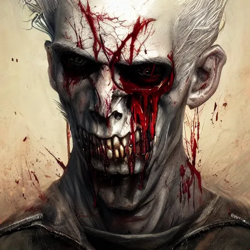 Image similar to portrait painting of a sneering biker with pale skin and spiked hair drinking blood from a skull goblet sharp focus, ultra realistic, concept art, intricate details, eerie, highly detailed, photorealistic, octane render, 8 k, unreal engine. art by artgerm and charlie bowater and greg rutkowski