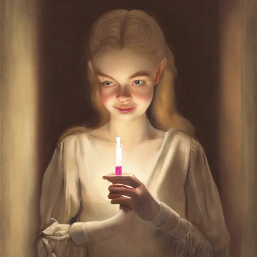 Image similar to Painting of Elle Fanning holding a candle in a dark hallway, long blonde hair, delicate, pale milky white porcelain skin, by Norman Rockwell. Extremely detailed.