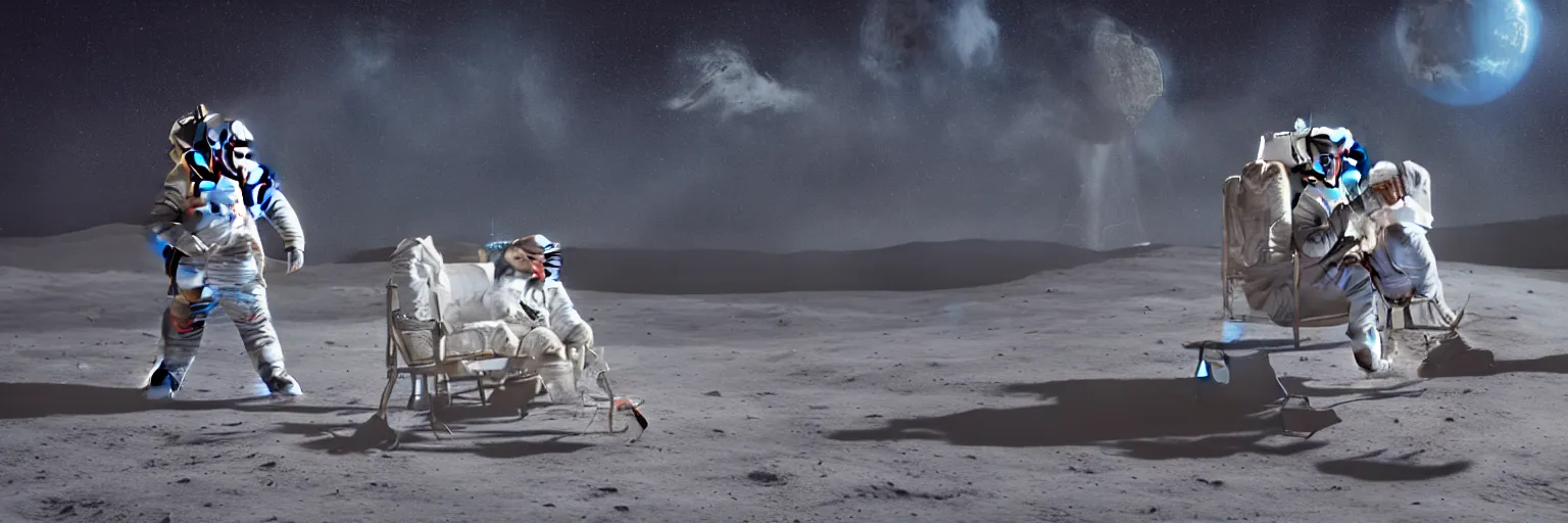 Image similar to A highly photographic render of astronaut on the Moon, sitting on a concrete bench reading a book, rim lighting, cinematic lighting, octane engine, photo realistic image, 4K, super detailed, cinematic look, full resolution