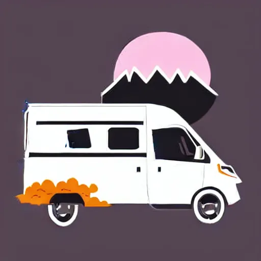 Image similar to vector art of a white and black cute thor chateau! motorhome camper!!, highway, mountains and colorful sunset!!, very happy, minimal vector art sticker!! by tom whalen, sanja stikovic