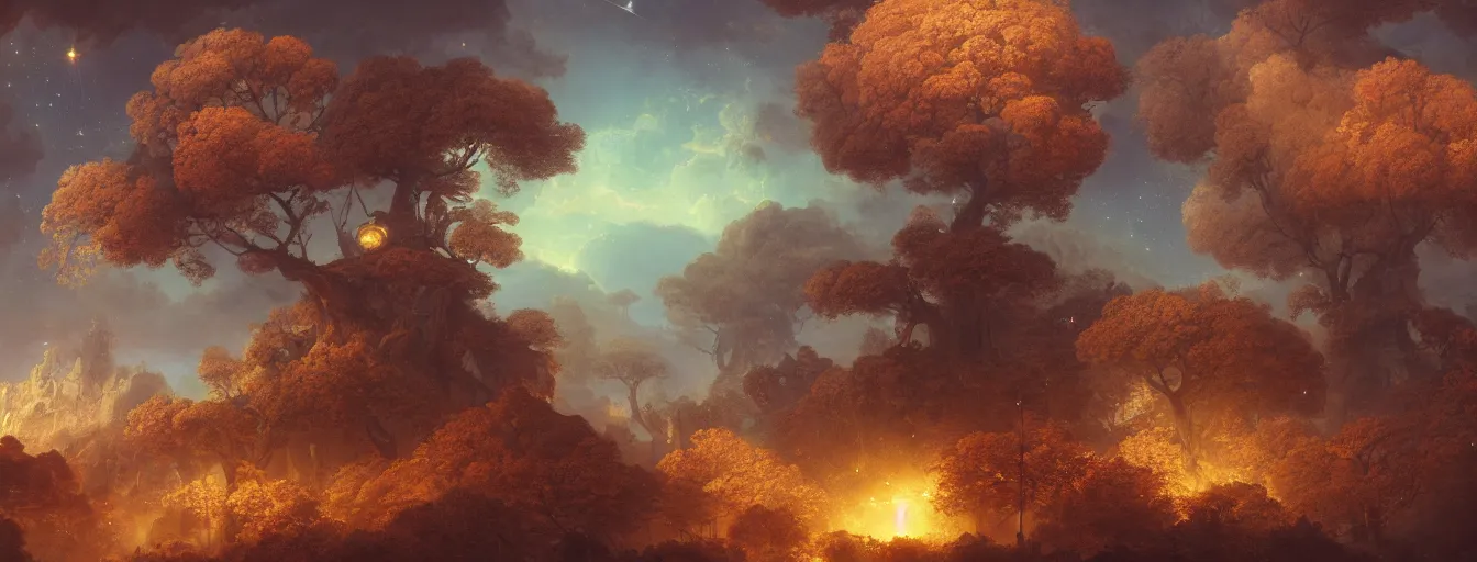 Image similar to a beautiful landscape painting of steampunk landscape, a junk nebula in the sky, galaxies visible, giant trees and colourful flowers, by jean - honore fragonard and don bluth and makoto shinkai, light rays, trending on artstation, octane render