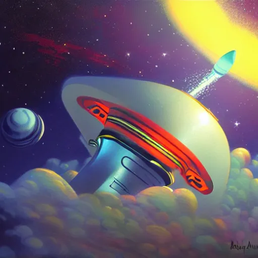 Prompt: A rocketship about to land on an unfamiliar planet, super cool rocket, Acrylic Paint, Concept Art, Digital Art, 16-bit RGB, Global Illumination, by Bob Byerley, by Yoshitaka Amano