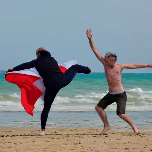 Prompt: french people at the beach trying to push england further away into the sea