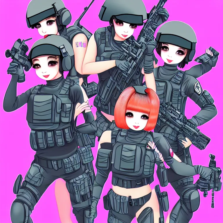 Prompt: kawaii swat team, vibrant colors, fashion, highly detailed, realistic, photography