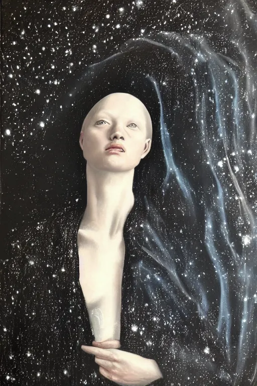 Image similar to hyperrealism oil painting, close - up portrait of albino medieval fashion model, black silk, steel gradient mixed with nebula sky, in style of baroque