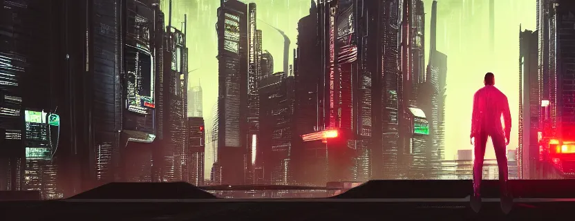 Prompt: shot of the man standing on the roof, looks at impressive cyberpunk city at night during great storm, nightscape, futuristic architecture, realistic photo, neons, blade runner, akira style, cinematic lighting, cinematic angles