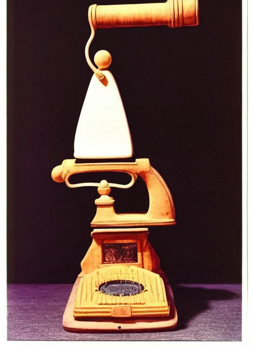 Prompt: realistic photo of a a medieval temple astronomy appliance phone, made of wood white clay fluffy fur black plastic 1 9 9 0, life magazine reportage photo, natural colors, metropolitan museum collection