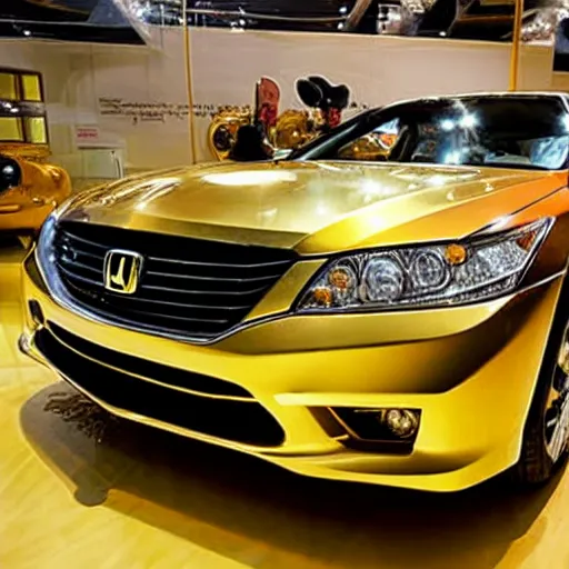 Image similar to A 24 karat gold Honda Accord on display at an auction.