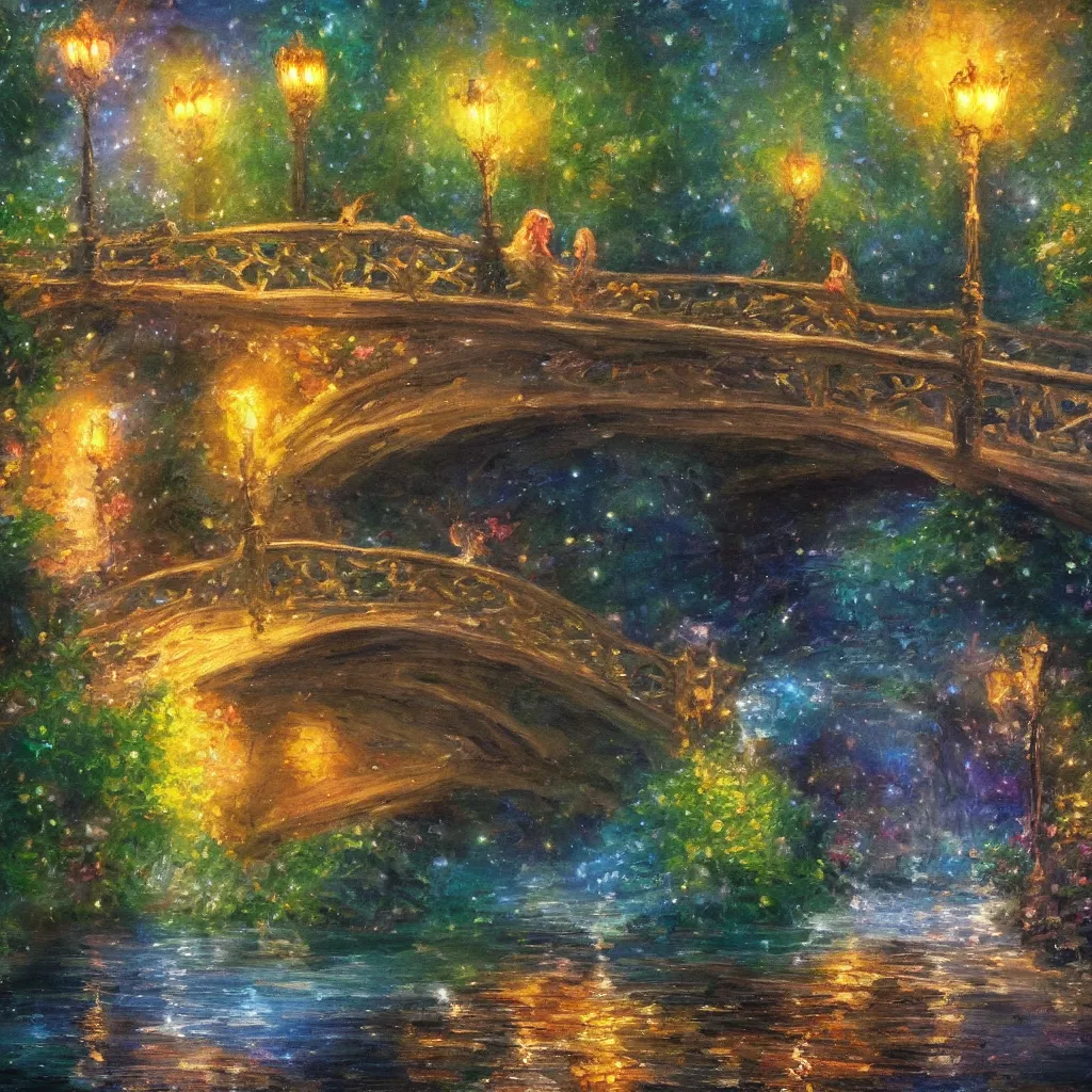 Image similar to fairyland bridge, outside of time and space, dreamy, romantic, night lighting, expressive impressionist style, highly detailed, 8 k