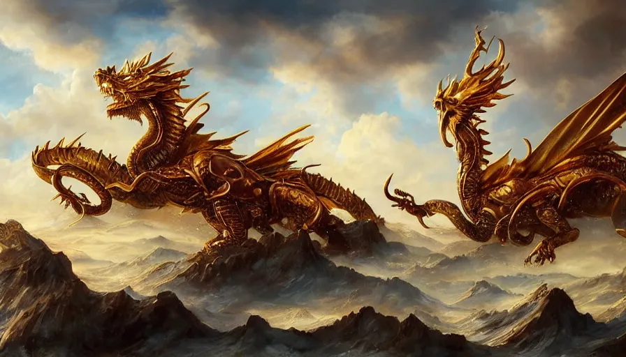 Prompt: epic golden dragon in a nordic landscape under bright daylight with very, very, very beautiful clouds, painted by Hans Fredrik Gude, Greg Rutkowksi, Peter Mohrbacher and Artgerm, concept art 2022, ultra realistic masterpiece, contrasting details vs blank areas, oil on canvas