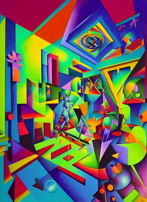 Prompt: “A surreal neon painting the astral mind, Tantric symbols, occult, 3d kandinsky cityscape made of cubism futuristic picasso rooms in 3 point perspective by hr giger and Vladimir kush and dali and kandinsky, 3d, realistic shading, complimentary colors, vivid neon colors, aesthetically pleasing composition, masterpiece, 4k, 8k, ultra realistic, super realistic”