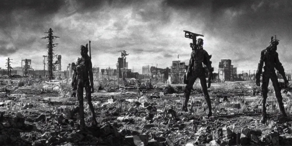 Image similar to portrait of irradiated post apocalyptic nuclear wasteland undead 1950s black and white award winning photo highly detailed Arriflex 35 II, lighting by stanley kubrick