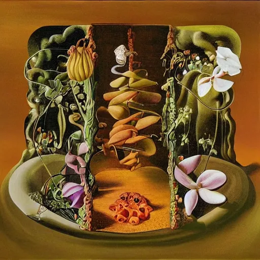 Image similar to infinite space on minestrone plants and orchids by cirico, salvador dali