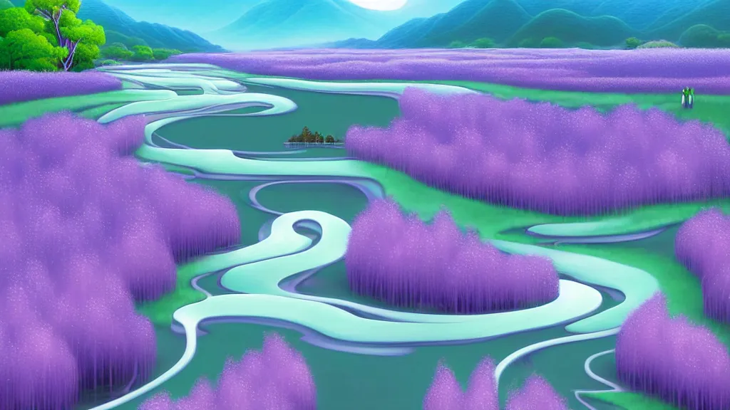 Prompt: digital painting of a lush sinuous river valley by artgerm. purple river. cold icy day. chiho aoshima. wisteria. digital render. detailed. beautiful landscape.