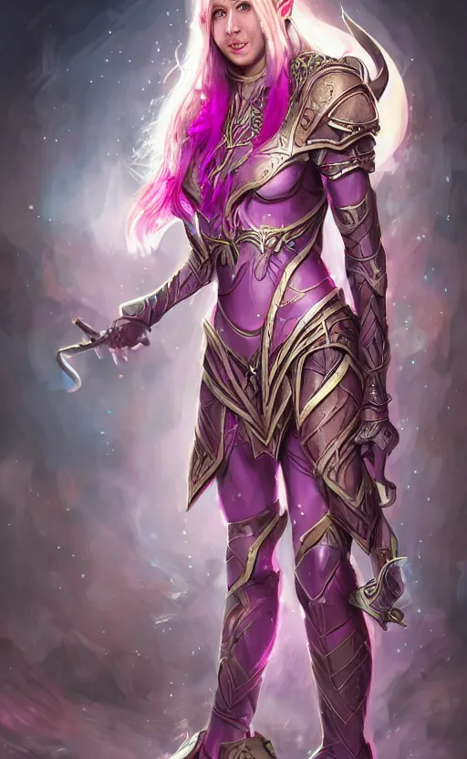 Image similar to a full body portrait of an elven woman with pink skin, and armor fit for a queen, wearing purple headphones, and smiling, dynamic lighting, photorealistic fantasy concept art, trending on art station, stunning visuals, creative, cinematic, ultra detailed