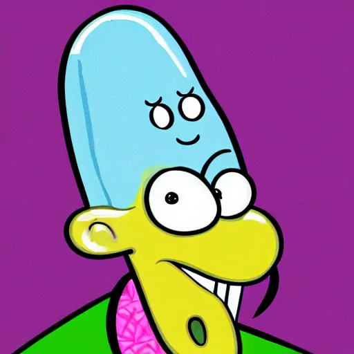 Image similar to cartoon style, strong chin, big smile, big lips, handsome squidward portrait, vivid colors