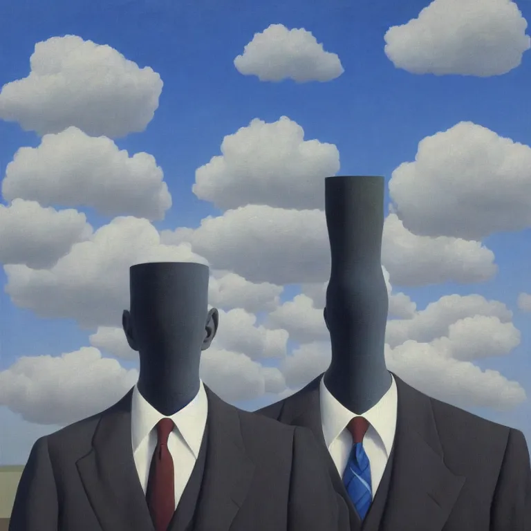 Image similar to portrait of a faceless shadow - head man in a suit, clouds in the background, by rene magritte, detailed painting, distance, middle centered, hd, hq, high resolution, high detail, 4 k, 8 k