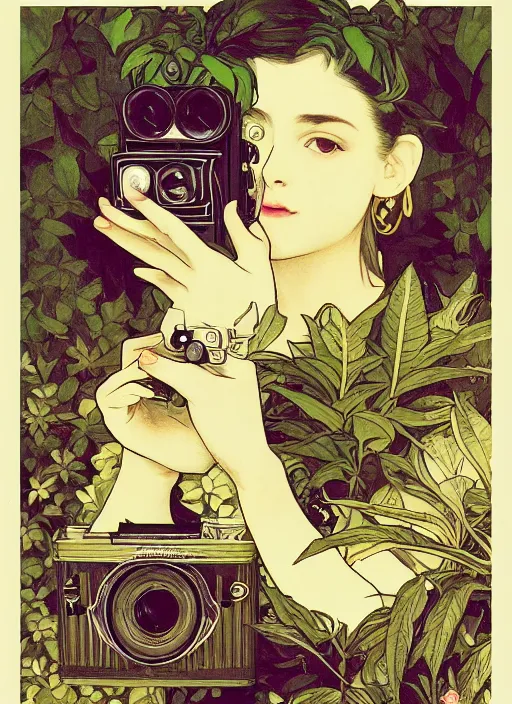 Image similar to photographer looking through a vintage camera, design on white background, beautiful details, lush foliage, gold, drawn by john singer sargent, studio ghibli, alphonso mucha, lolish, trending on artstation