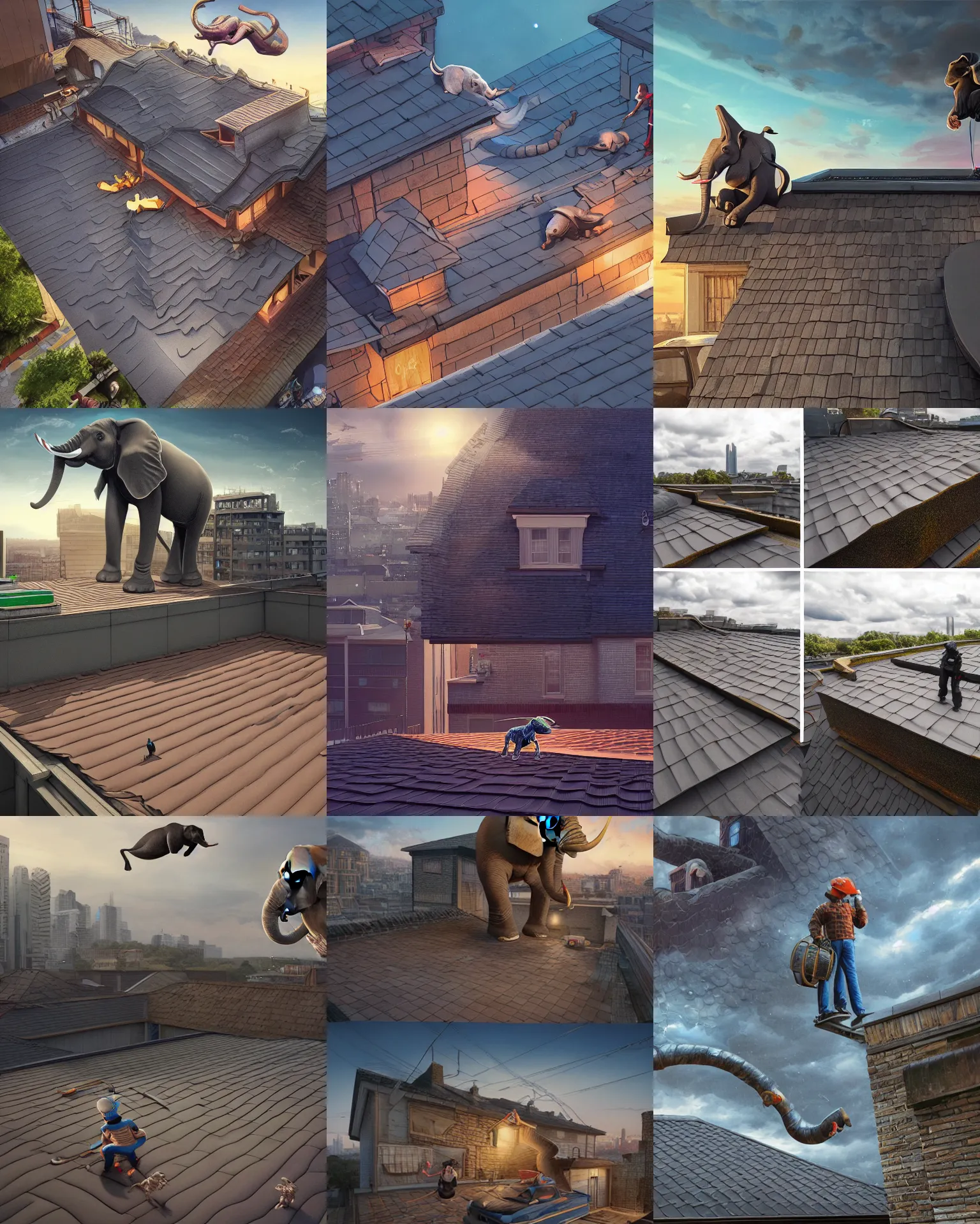 Prompt: rubber flat roofing installation services on garage roof halifax, kids fantasy drawing, elephant jumping on the roof, intricate, epic lighting, cinematic composition, hyper realistic, 8 k resolution, unreal engine 5, by artgerm, tooth wu, dan mumford, beeple, wlop, rossdraws, james jean, marc simonetti, artstation